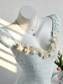 Elamini Women's Fashion Cap Sleeve Ruffle Trim 3D Floral Bodysuit - Blue - View 5