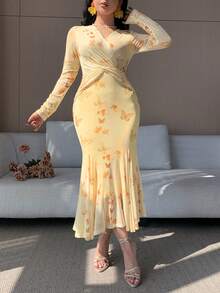 DAZY 女士优雅花卉蝴蝶结V领扭结鱼尾中长连衣裙，春夏婚礼宾客礼服 - 淡黃色 - 查看 7