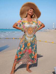 Swim Lushoire Women's New Printed Mesh V-Neck Long Beach Cover-Up Cover Up, Spring/Summer - Multicolor - View 5