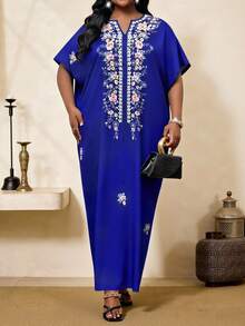 SHEIN Lady 大码V领复古宽松长款印花连衣裙 - 彩色 - 查看 4