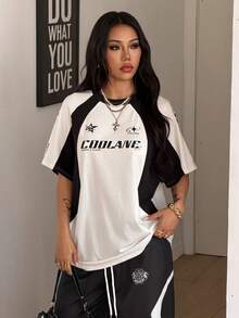 Coolane 女士街头风超大款赛车摩托车印花撞色插肩袖T恤 - 黑色 - 查看 5