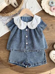 SHEIN 2件套女婴夏季短袖白色刺绣领衬衫搭配短裤，休闲两件套，适合外出和度假 - 藍色 - 查看 3