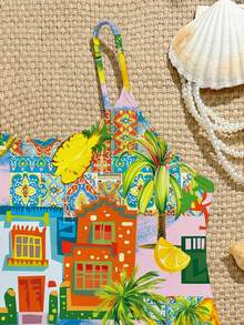 Baddräkt med tropiskt tryck för tweenflickor, elastiskt vävt tyg, tropiskt tryck, bad på stranden - Vitt - Visa 4