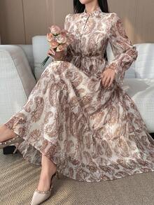 DAZY Women's Waist Cinched All-Over Print Shirt Collar Dress - Brown - View 6