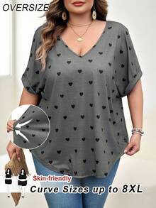 SHEIN CURVE+ Áo thun ngắn tay cổ chữ V tay cánh dơi in hình trái tim, cỡ US22, thích hợp cho lễ hội âm nhạc, kỳ nghỉ bên bờ biển, phong cách Bohemia, bộ đồ nữ xuân/hè. - Xám - Xem 7