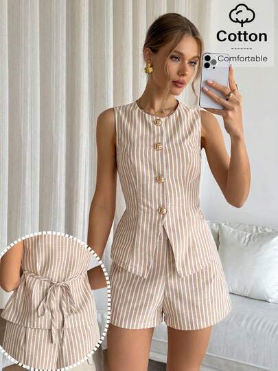 Siren Gaze Women's Striped Single-Breasted Vest And Shorts Casual Suit Set
