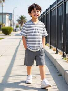 SHEIN 2pcs/Set Teen Boys Casual Striped Short Sleeve Top And Loose Shorts, Summer Pajamas/Loungewear, Comfortable, Practical, Versatile, Soft Fabric - Grey - View 3