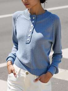 INAWLY Shiny Round Neck Thin Sequin Mesh Long Sleeve Button Knit Cover Up, Hazy Blue - Dusty Blue - View 5