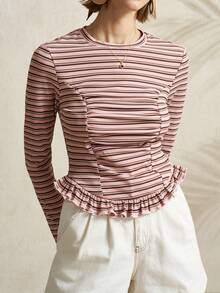 Franclia Casual Round Neck Striped Ruffle Trim Long Sleeve T-Shirt, Spring/Autumn - Multicolor - View 3