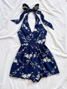 Soleia 女士度假风蓝色藤编纹理V领露背系带蝴蝶结连体衣，适合海滩、音乐节、嬉皮士派对、聚会、约会、下午茶等场合。 - 彩色 - 查看 3