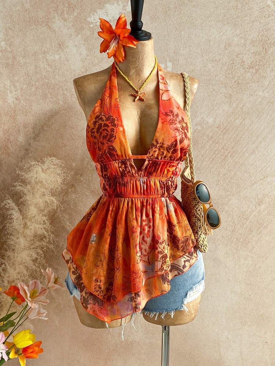 Soleia Trang phục dự tiệc cưới, lễ tốt nghiệp, tiệc brunch mùa Xuân/Hè mới, phong cách thường ngày, nghỉ lễ, lễ Phục Sinh, lễ hội âm nhạc, thanh lịch, phong cách Bohemian nhiệt đới, họa tiết hoa, vạt bất đối xứng, hở lưng, thắt nơ, cổ yếm cho nữ. - Nhiều màu - Xem 1