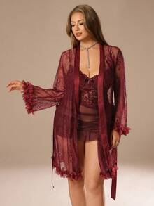 SHEIN Privé 1 Set Plus Size Women Lace Robe With 3D Floral Decor + Plus Size Lace Camisole Slip Dress With Waist Cinching Design Sexy Red Sets For Spring Valentine's Day Valentine Red Outfit For Women Spring Dress For Women - Maroon - View 4