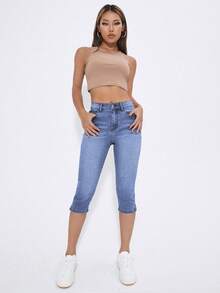 Rivivi Quần jeans ống đứng lửng màu trơn, túi xéo, xẻ tà, dáng ôm vừa vặn. - Màu xanh lam - Xem 5