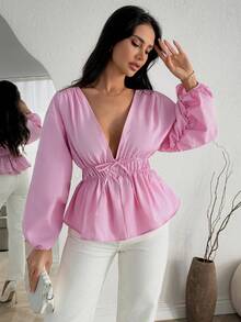 EURMUSE Pink Deep V-Neck Drawstring Blouse With Balloon Sleeves - Pink - View 3