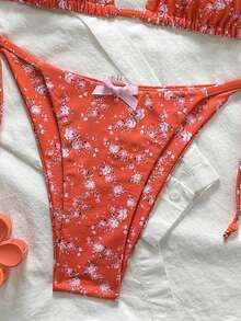 Swim Mod 女士随机印花露背蝴蝶结侧系带比基尼泳裤可爱比基尼套装，夏季 - 彩色 - 查看 5