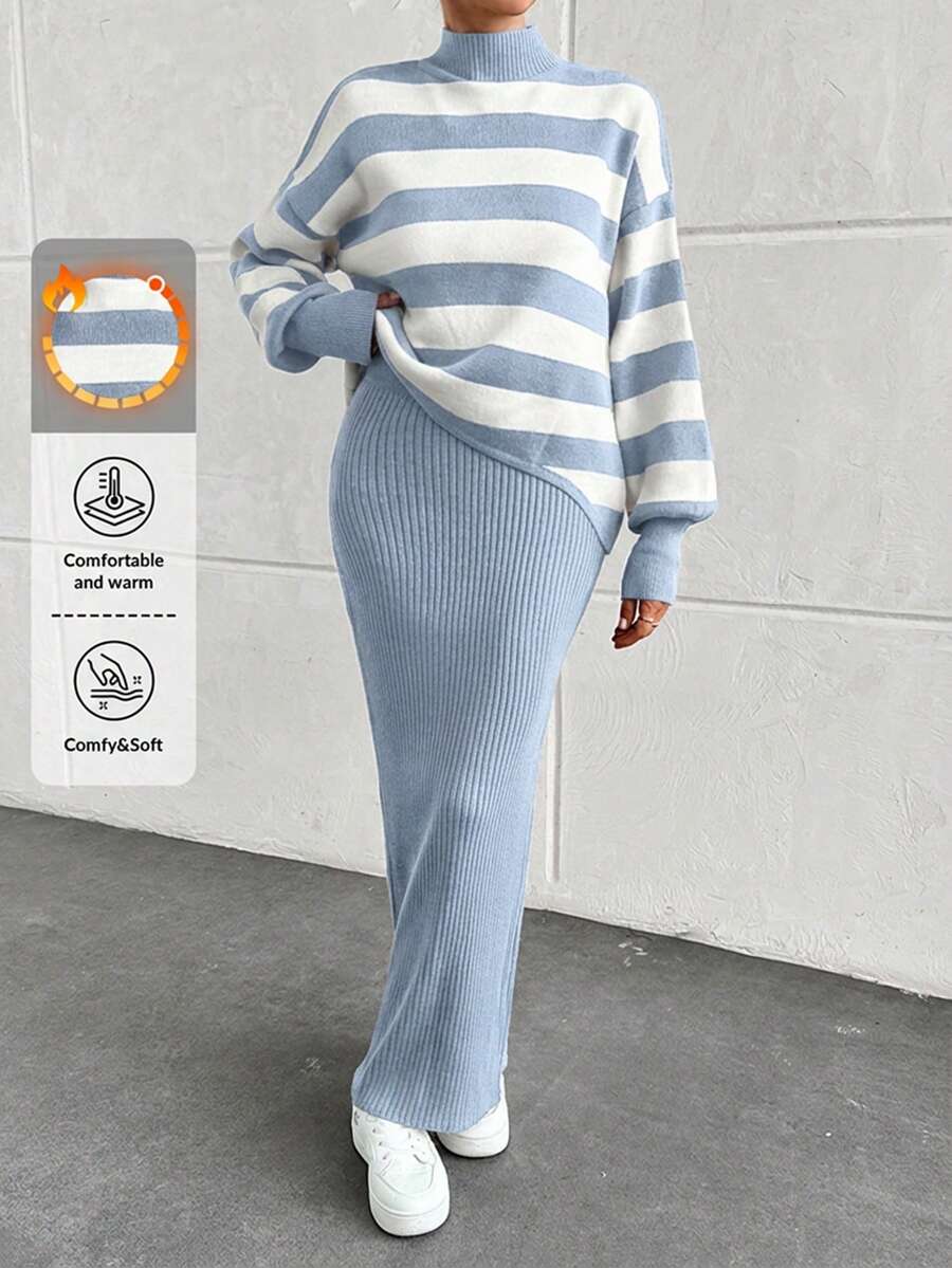 EURMUSE Striped Ribbed Knit Dress & Cardigan Co-Ord Set - Baby Blue - View 1