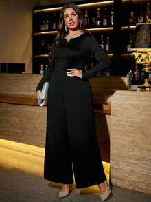 SHEIN Clasi 大码优雅派对蕾丝拼接连体裤 - 黑色 - 查看 5