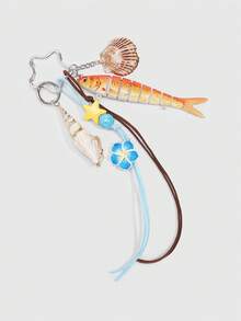ROMWE Kawaii 1 pieza Llavero de pez hecho a mano con concha marina, señuelo de pesca biónico, colgante de anzuelo de pez de varias secciones en estilo de vacaciones/océano - Rojo - Ver 5