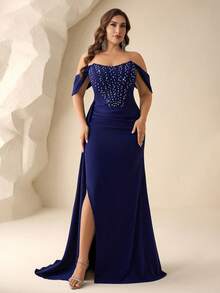 Coutiva 大码女式纯色水晶装饰露肩褶皱设计飘逸正式晚礼服（重工装饰） - 藏蓝色 - 查看 4