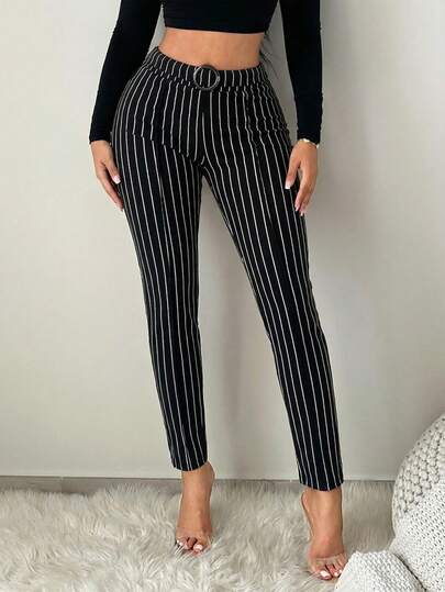 SHEIN SXY Women's Business Casual Black And White Striped Pants With Waist Ring,Elegant, Business Casual Women, Striped