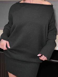 Bethéva Y2K 风格百搭不对称肩黑色长袖修身腰身毛衣裙，休闲/通勤，秋冬复古美式美学 - 黑色 - 查看 3