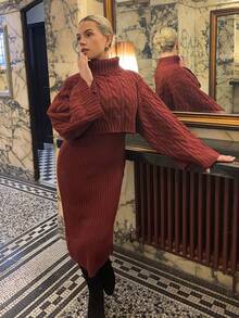 Bethéva 2pcs Women's Casual Knitted Sweater Top And Long Skirt Set, Loose Fit Turtleneck Long Sleeve Crop Top And Skirt, Autumn/Winter - Red - View 4