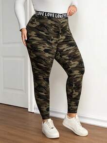 SHEIN CURVE+ 大码女式迷彩印花紧身裤，腰部饰有字母和春季花卉印花图案 - 彩色 - 查看 7
