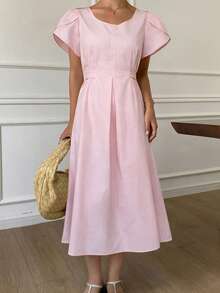 DAZY Đầm maxi nữ màu trơn tối giản, cổ tròn, tay ngắn, dài đến đầu gối, thích hợp mặc hàng ngày. - Hồng - Xem 3