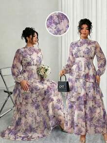 Reflora Đầm nữ cỡ lớn in hoa, cổ đứng, tay phồng, xếp tầng, kiểu dáng thanh lịch. - Màu tím hoa cà - Xem 10