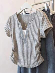 Resyla Blusa de cuello en V profundo ajustada de manga corta 2 en 1 - Gris Claro - Ver 3