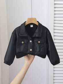 时尚户外女婴纯色仿 PU 皮革大口袋长袖翻领夹克，百搭，适合秋冬季 - 黑色 - 查看 1