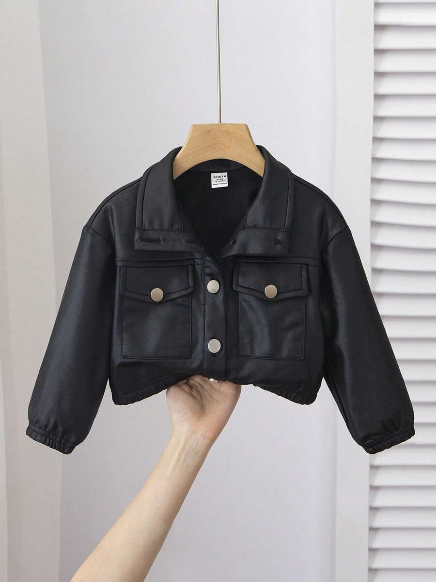 时尚户外女婴纯色仿 PU 皮革大口袋长袖翻领夹克，百搭，适合秋冬季 - 黑色 - 查看 1