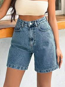 EURMUSE 100%纯棉硬挺中度水洗女式短款 - 藍色 - 查看 8