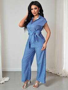 Vavine Women's Striped Collared Twist Waist Short Sleeve Top And Wide Leg Pants Casual 2 Pieces Set - Blue - View 3