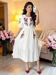 SHEIN Elenzya 大码女式复古法式花卉印花短袖圆领收腰A字连衣裙 - 白色 - 查看 1