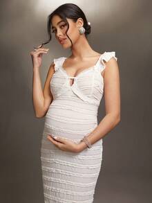 Cheriluna Maternity 孕妇写真礼服，带荷叶边和飘逸袖子 - 白色 - 查看 6