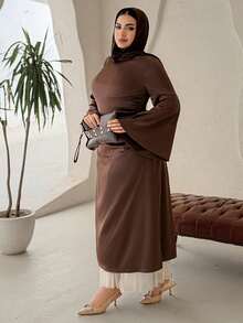 Dazy Plus Vestido ajustado de manga larga y unicolor elegante para mujer de talla grande, primavera/verano - Marrón - Ver 2