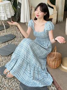 DAZY Đầm denim dài tay ngắn cổ vuông kẻ caro bằng vải denim dành cho nữ, kiểu dáng thường ngày, thích hợp cho mùa hè. - Xanh và trắng - Xem 5