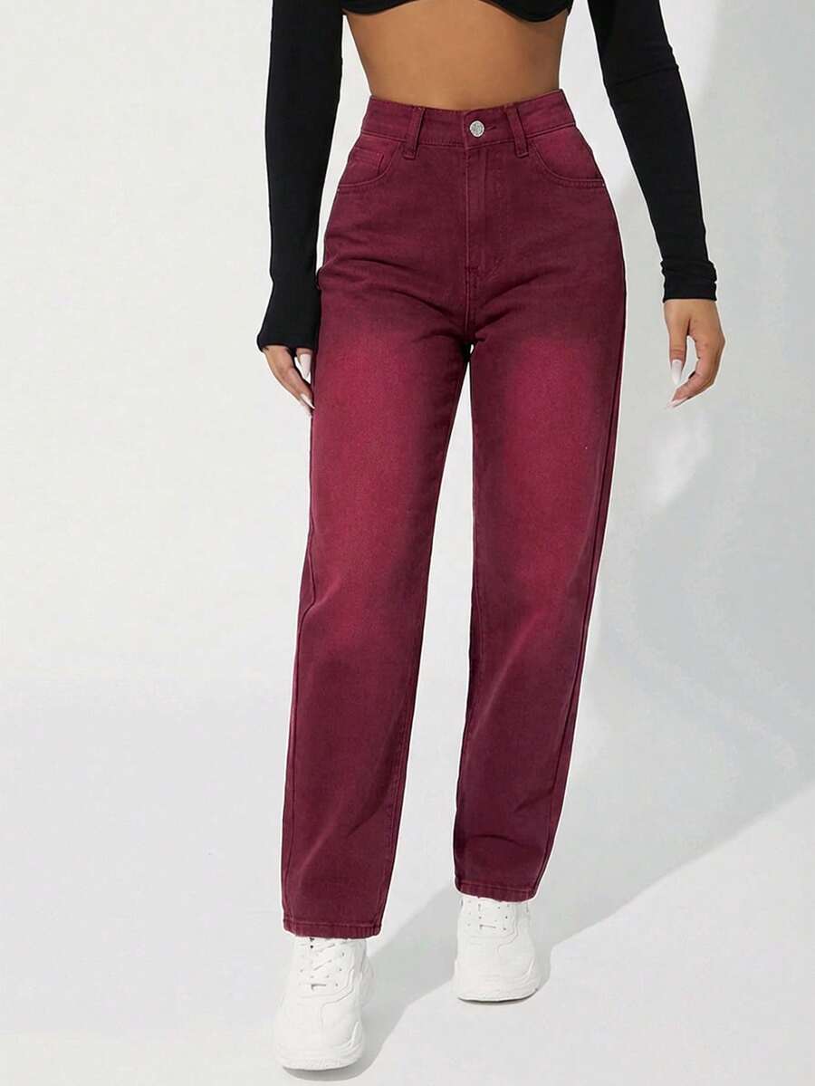 SHEIN PETITE Quần jeans nữ ống đứng, túi xéo, kiểu dáng thường ngày, chất liệu denim mài, thích hợp mặc hàng ngày. - Màu Đỏ Sâu - Xem 1