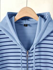 Rusticease 两件套加大码女式休闲条纹连帽衫外套和裤子套装，带口袋，秋冬季 - 藍色 - 查看 9