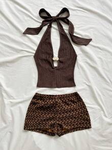 Soleia Women's Sexy Backless Halter Top And Shorts 2 Pieces Set, Summer - Multicolor - View 5