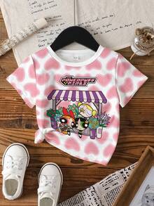 THE POWERPUFF GIRLS X SHEIN Young Girl Casual Heart And Cartoon Graphic Round Neck Short Sleeve T-Shirt, Summer - White - View 7