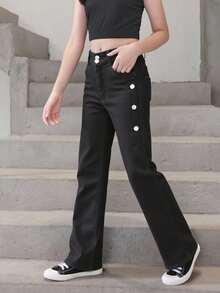 Jeans niña  denim cómodo con botones laterales ajuste en cintura estilo casual moderno temporada primavera verano otoño - Negro - Ver 4