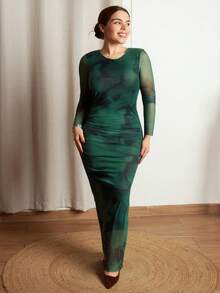 Lupita Cardoza 优雅渐变长袖修身女式连衣裙长款女装 - 墨綠色 - 查看 5