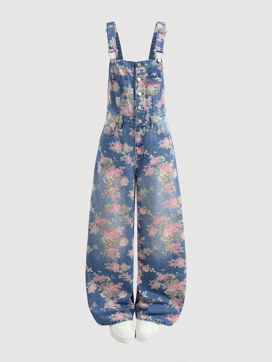 SHEIN 少女款印花蓝色牛仔宽松背带裤 - 中等水洗藍 - 查看 1