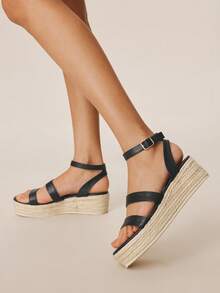 Styleloop Sandalias de cuña con plataforma para mujer, sandalias de cuña con plataforma casual de unicolor y tejido de moda con suela gruesa, sandalias de cuña de lona con correa de tobillo estilo bohemio retro, estilo de atuendo para fiesta del festival de música del oeste americano, atuendo de vacaciones, esencial de viaje - Negro 6 - Ver 3