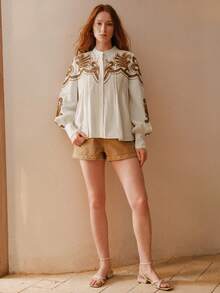 MOTF PREMIUM WOMEN'S LOOSE EMBROIDERED FOLD PLEATED LONG SLEEVE BLOUSE - Apricot - View 5