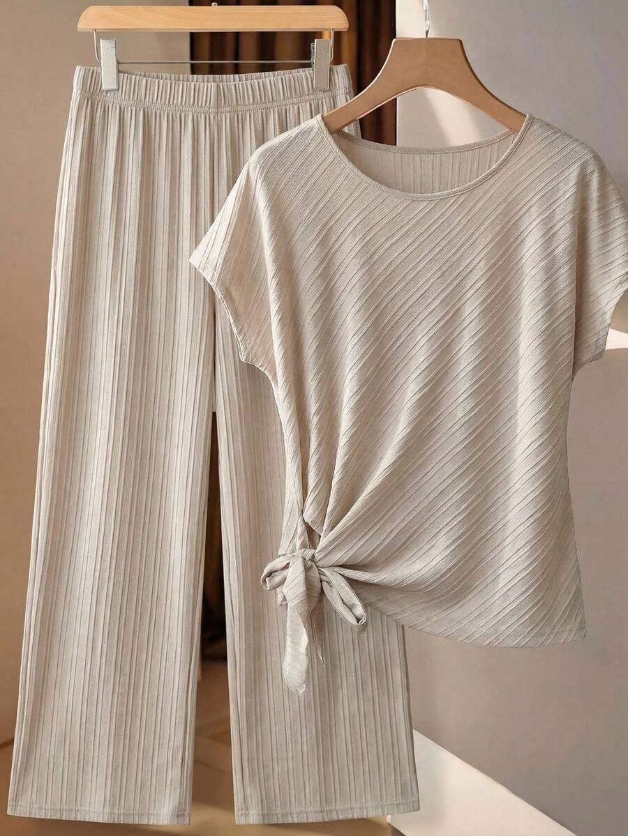 Chikora Plus Size Solid Color Minimalist Round Neck Short Sleeve Top And Pants 2 Pieces Set Mother Of The Bride Dresses For Wedding,2026 New,Suitable For Every Occasion - Apricot - View 1