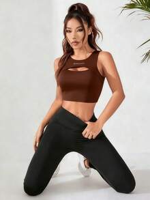 Easithlete 女士夏季字母印花镂空露脐运动背心 - 卡其色 - 查看 5