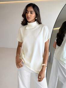 Aloruh Áo thun nữ tay ngắn cổ cao, màu trơn, vạt lệch, kiểu dáng thường ngày, đa năng, chất liệu dệt kim, thích hợp mặc hàng ngày, thanh lịch, công sở, mùa xuân hè, màu mơ. - trắng - Xem 7